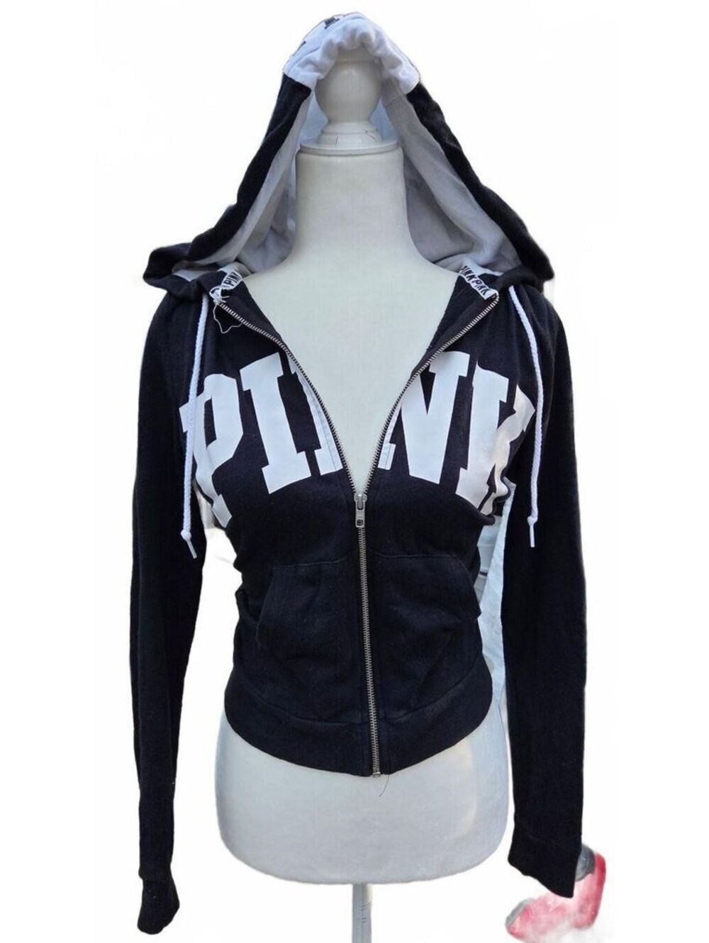 Y2K Victoria's Secret Pink Black White Logo Zip Up Hoodie Jacket Sweatshirt XS